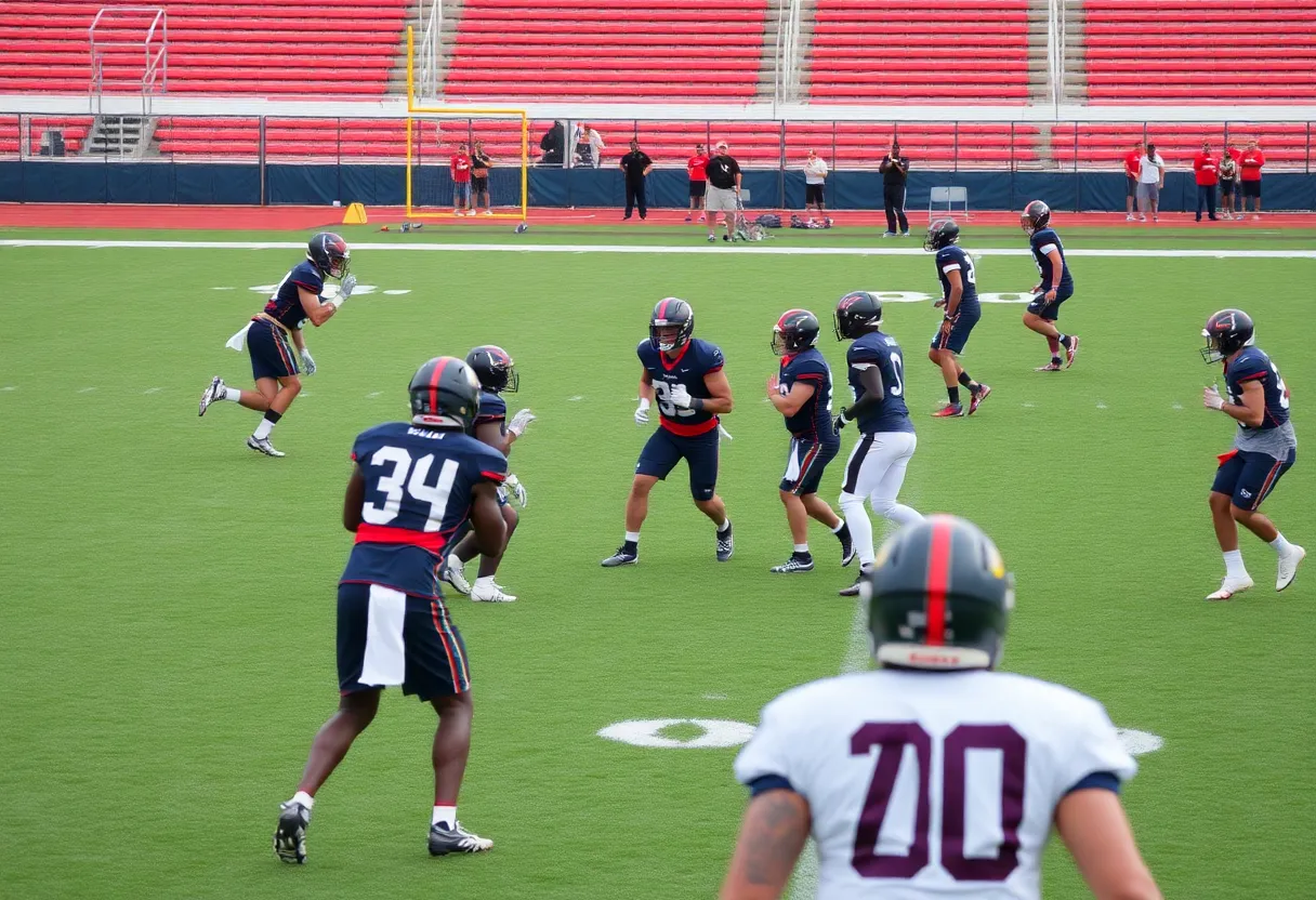Players in practice uniforms competing during a training session on a football field.