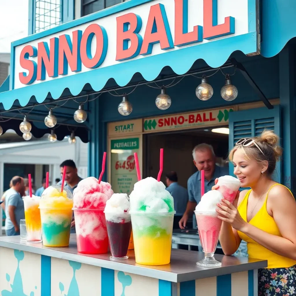 People at a colorful sno-ball stand in New Orleans during summer