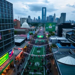 Aerial view of New Orleans during Super Bowl LIX with crowds and festive atmosphere