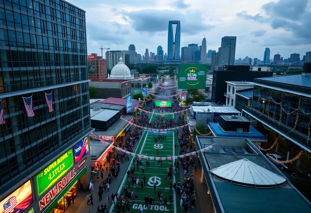 Aerial view of New Orleans during Super Bowl LIX with crowds and festive atmosphere
