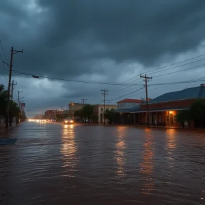 Flooded street in New Orleans during a severe thunderstorm