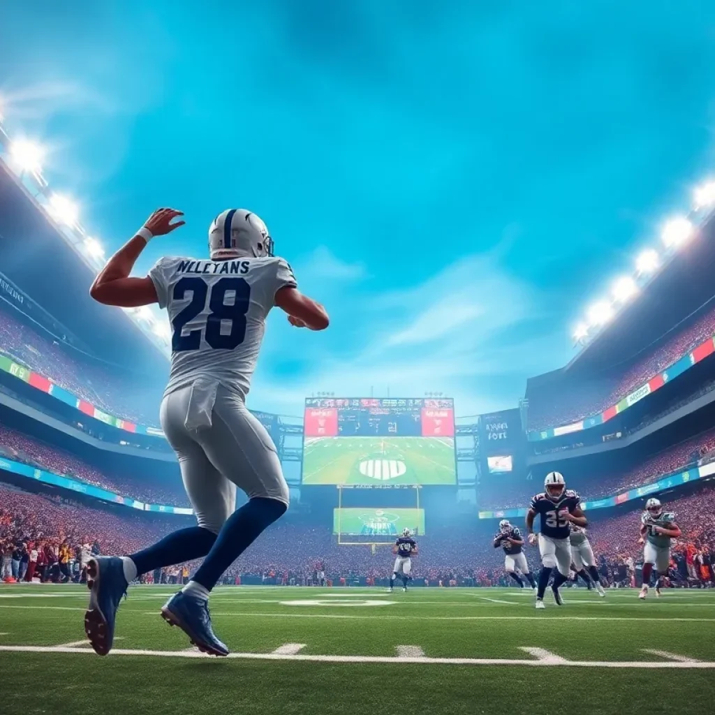 An action shot of a football game featuring players in motion.