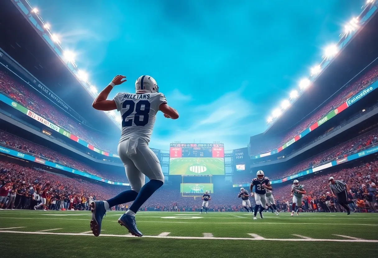 An action shot of a football game featuring players in motion.