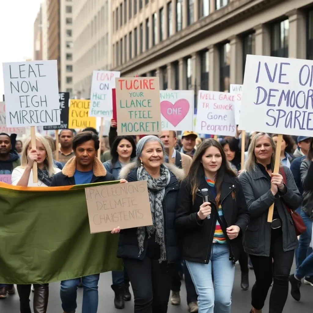 Peaceful protesters marching in the No Kings Day demonstration