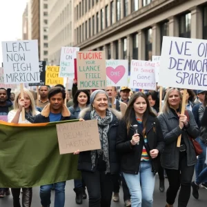 Peaceful protesters marching in the No Kings Day demonstration