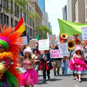 Participants in the No Kings protest parade with colorful costumes and signs in New Orleans.