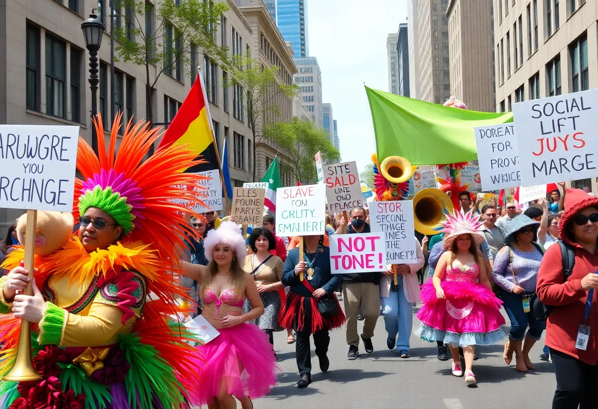Participants in the No Kings protest parade with colorful costumes and signs in New Orleans.