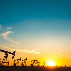 Aerial view of an oil field with multiple drilling rigs at sunset.