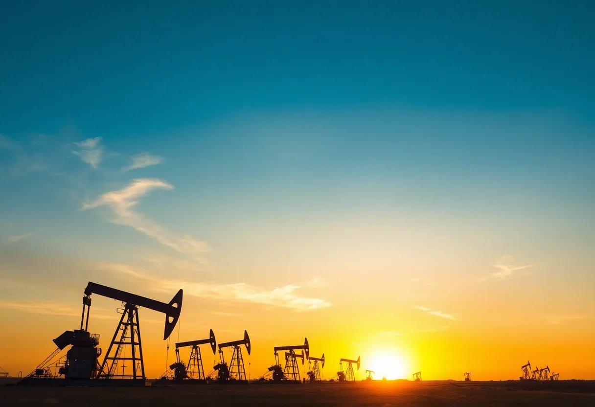 Aerial view of an oil field with multiple drilling rigs at sunset.