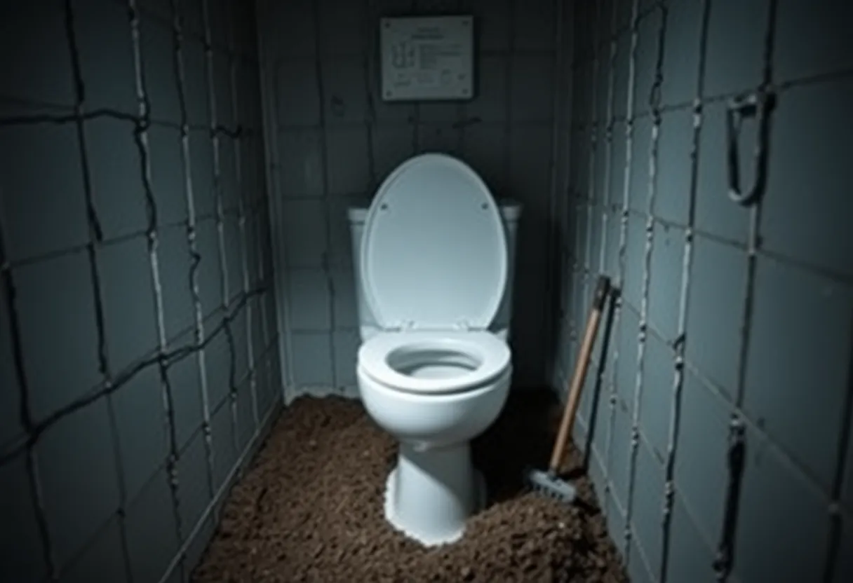 A scene depicting a jail escape with a focus on a toilet and excavation tools.