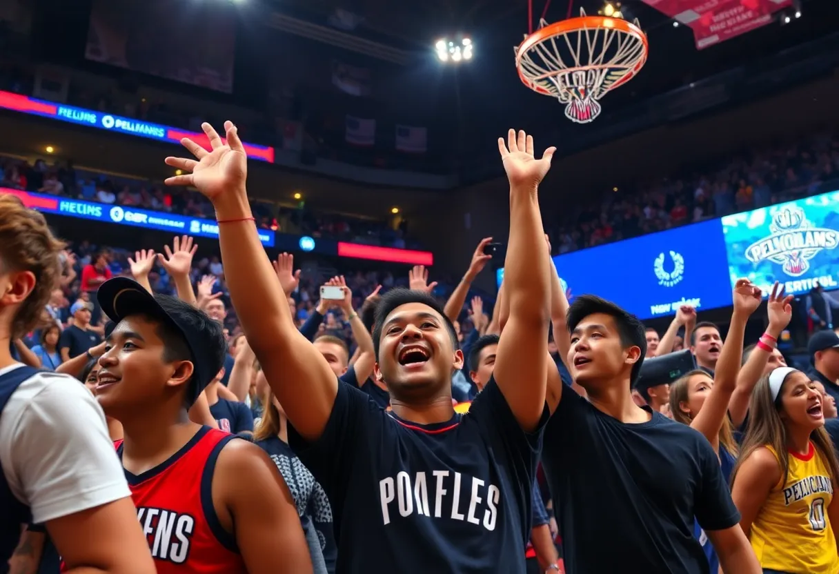 Pelicans fans celebrating during a game at the Smoothie King Center
