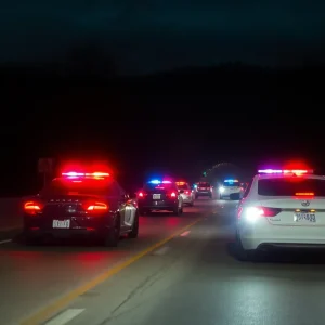 A police chase scene at night with flashing lights