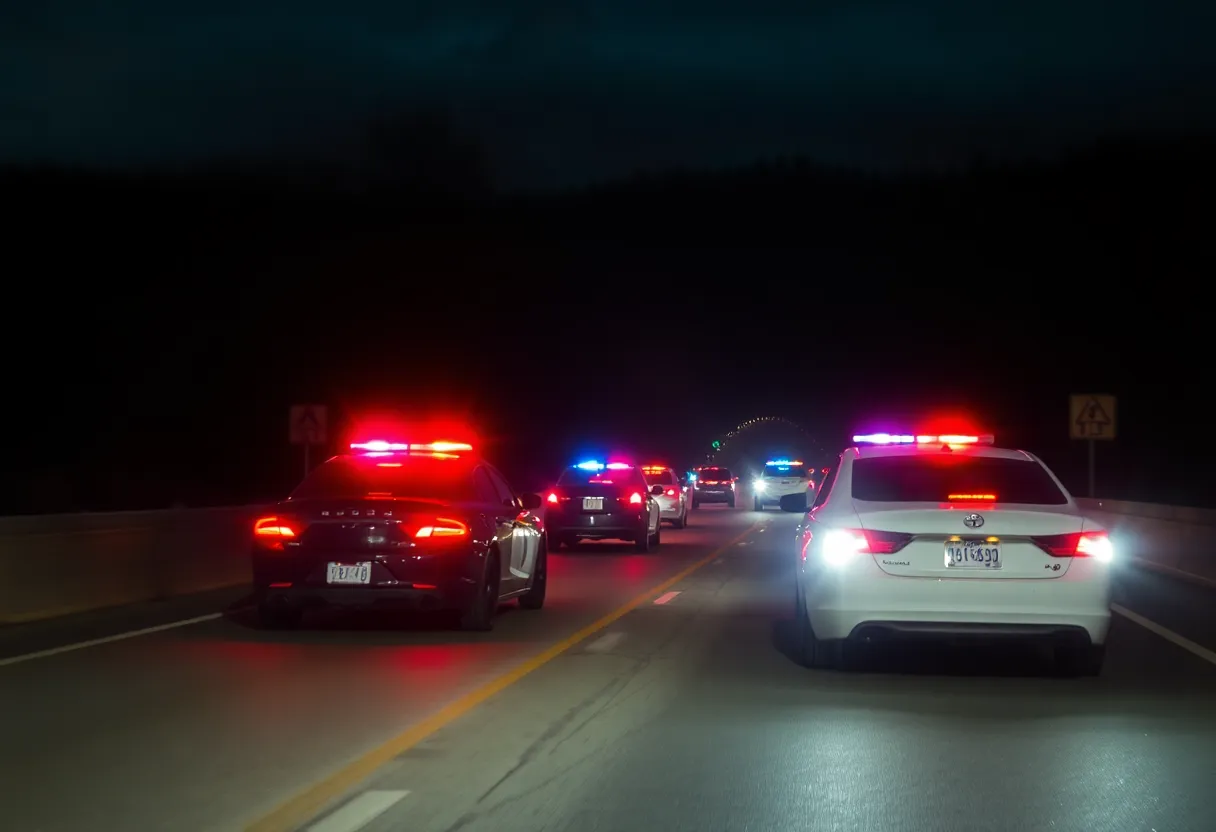 A police chase scene at night with flashing lights