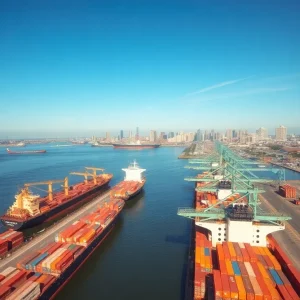Aerial view of the Port of New Orleans with cargo ships and containers.
