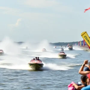 Powerboats racing on Lake Pontchartrain during the New Orleans Powerboat Grand Prix
