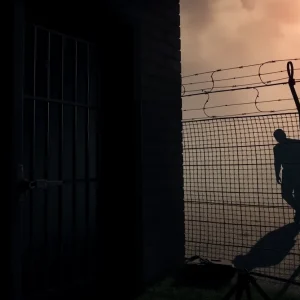 Illustration of a prison escape showing a broken cell door and barbed wire fence.