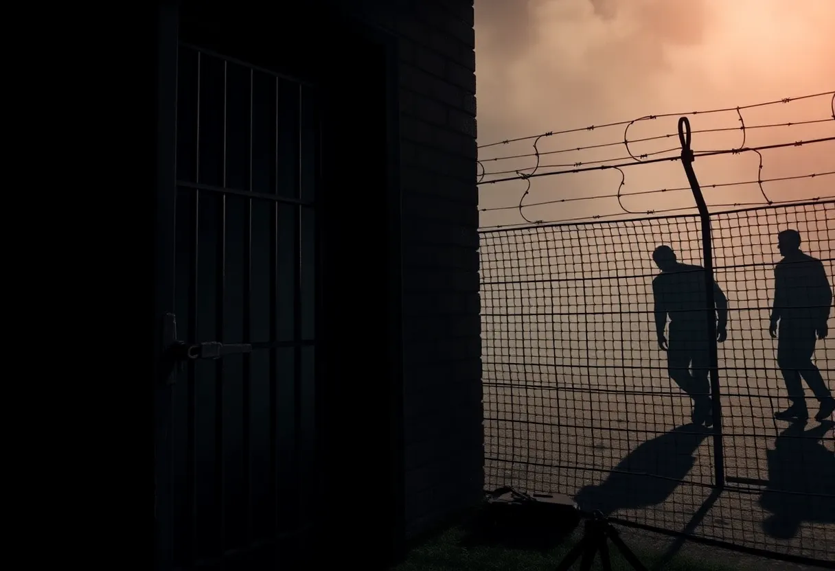 Illustration of a prison escape showing a broken cell door and barbed wire fence.