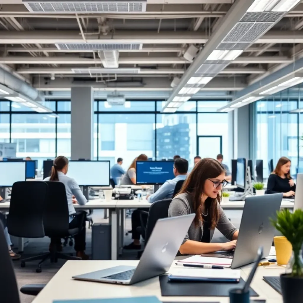 Employees working in a modern office environment