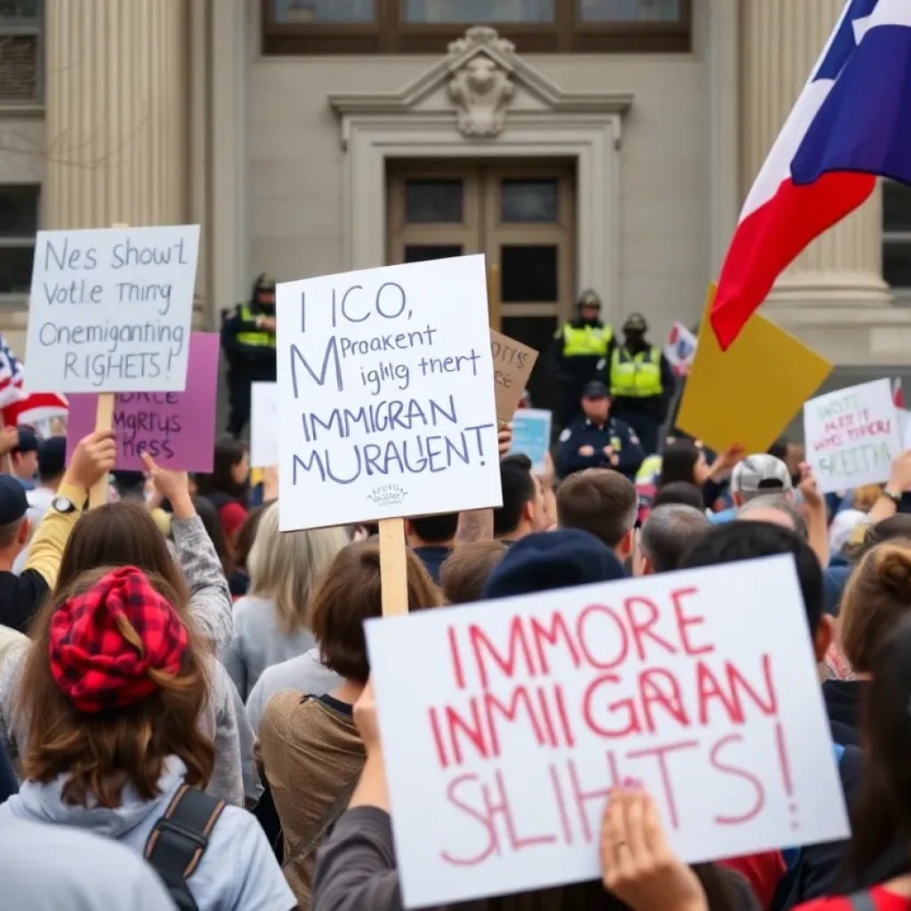 A diverse group of protesters demonstrating for immigrant rights in front of a federal building.