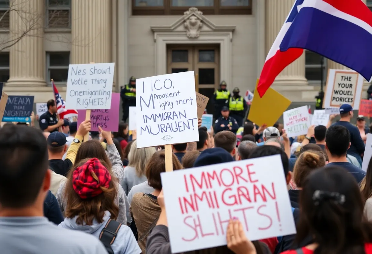 A diverse group of protesters demonstrating for immigrant rights in front of a federal building.