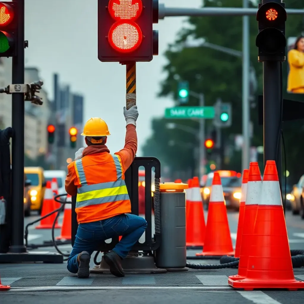 Road maintenance crew working with safety measures in place.