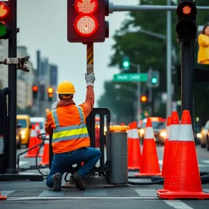 Road maintenance crew working with safety measures in place.