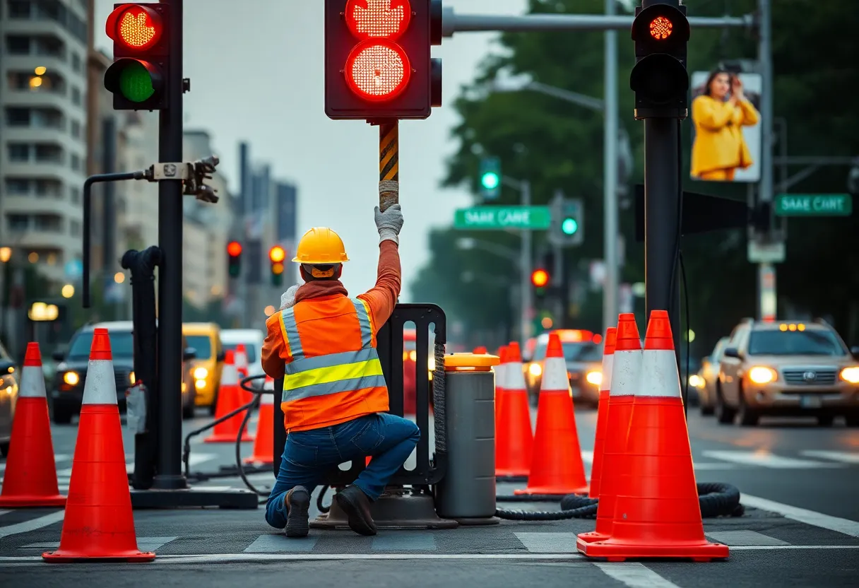 Road maintenance crew working with safety measures in place.