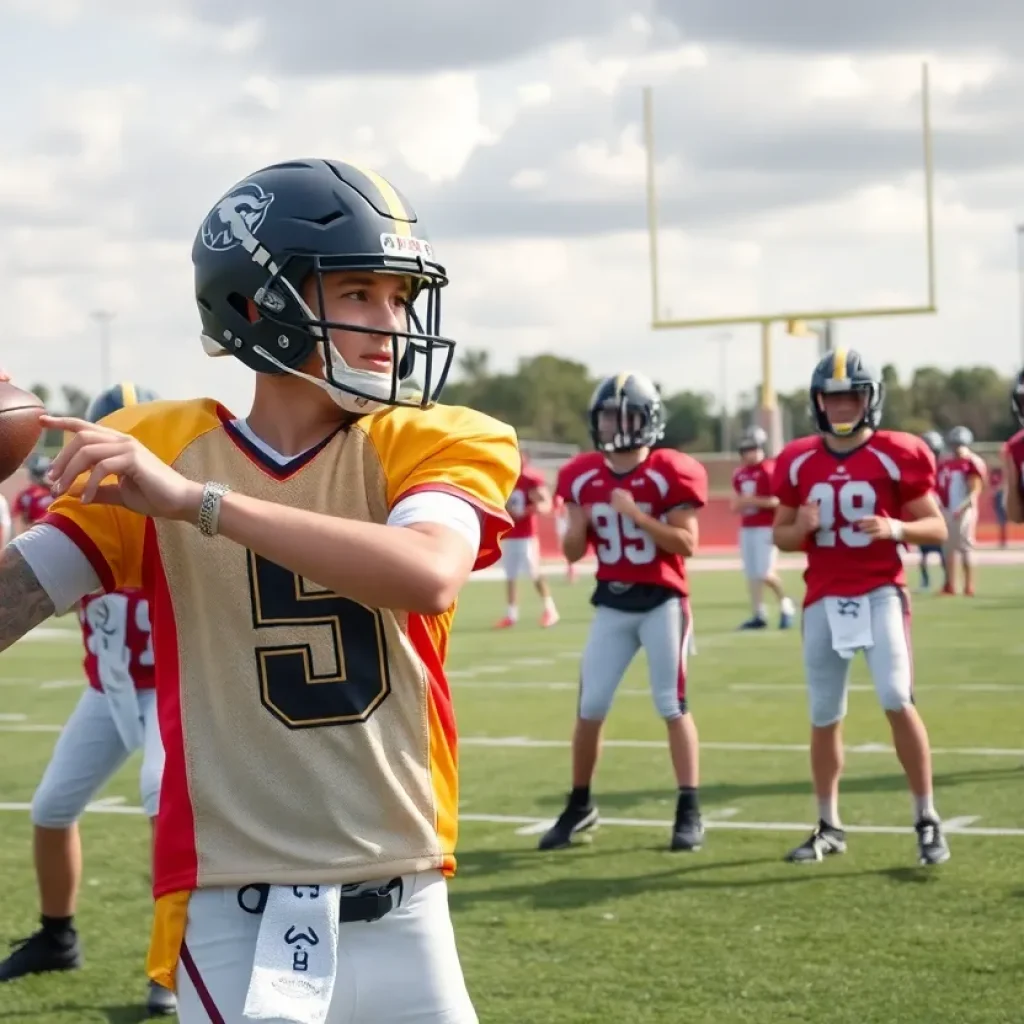 Young quarterbacks practicing on a football field