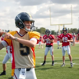 Young quarterbacks practicing on a football field