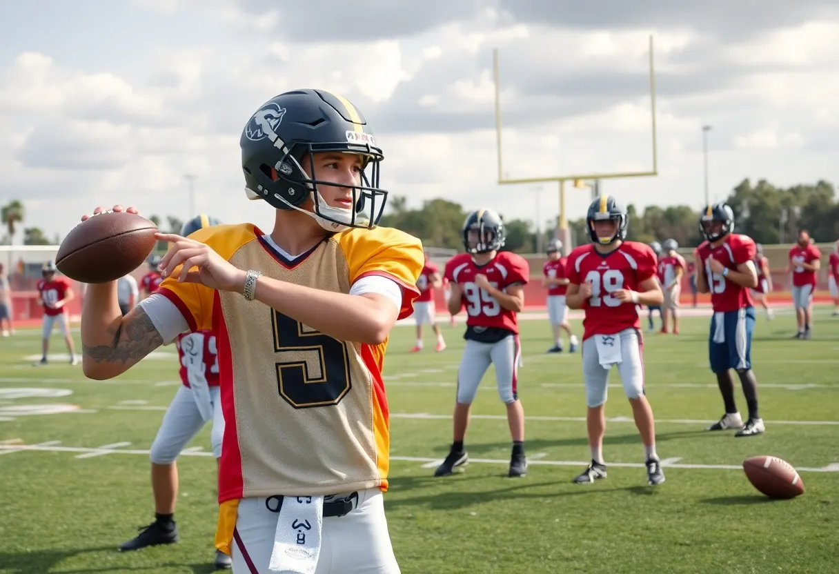 Young quarterbacks practicing on a football field