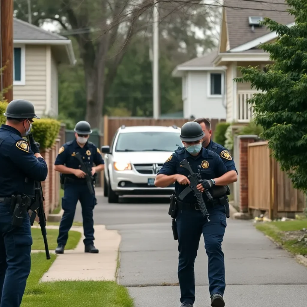 Law enforcement officers searching for fugitives in a neighborhood