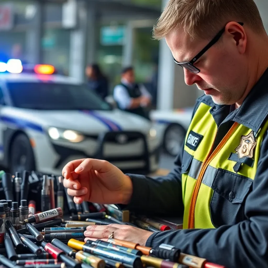 A display of confiscated vape products during a police operation.
