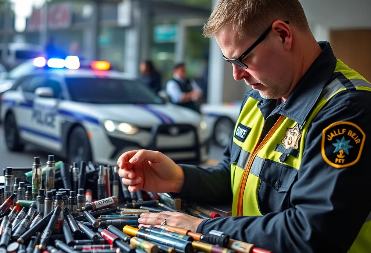 A display of confiscated vape products during a police operation.