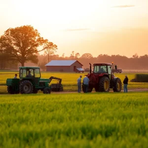 A family working on their farm in Louisiana at sunset