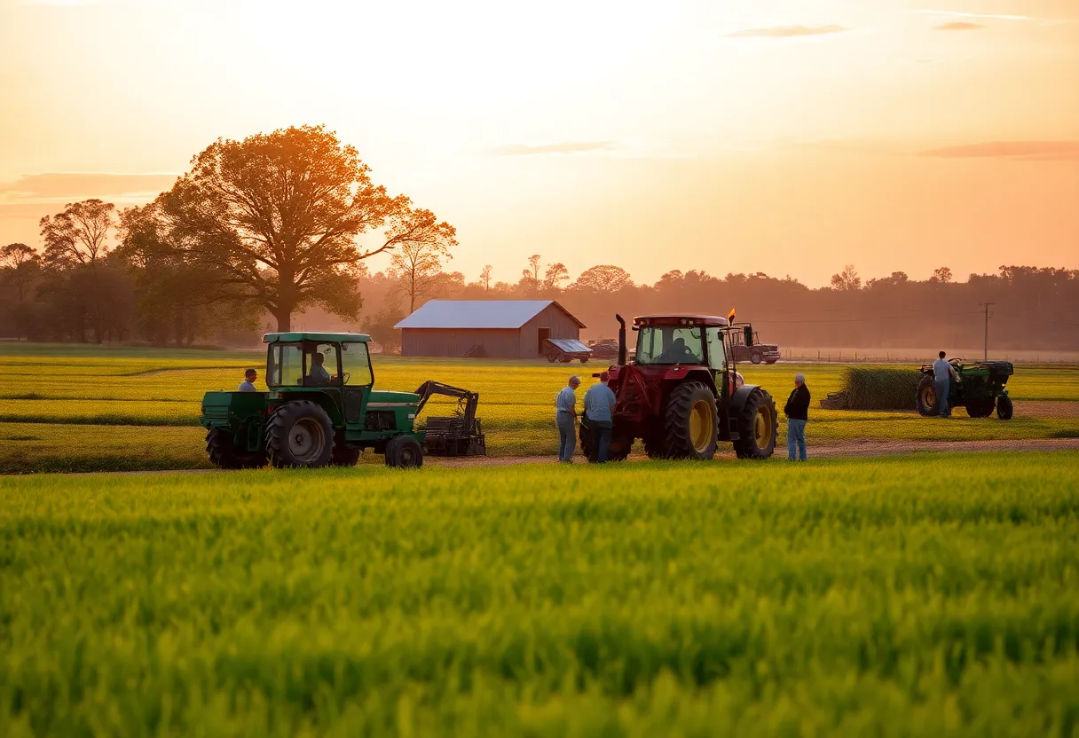 A family working on their farm in Louisiana at sunset