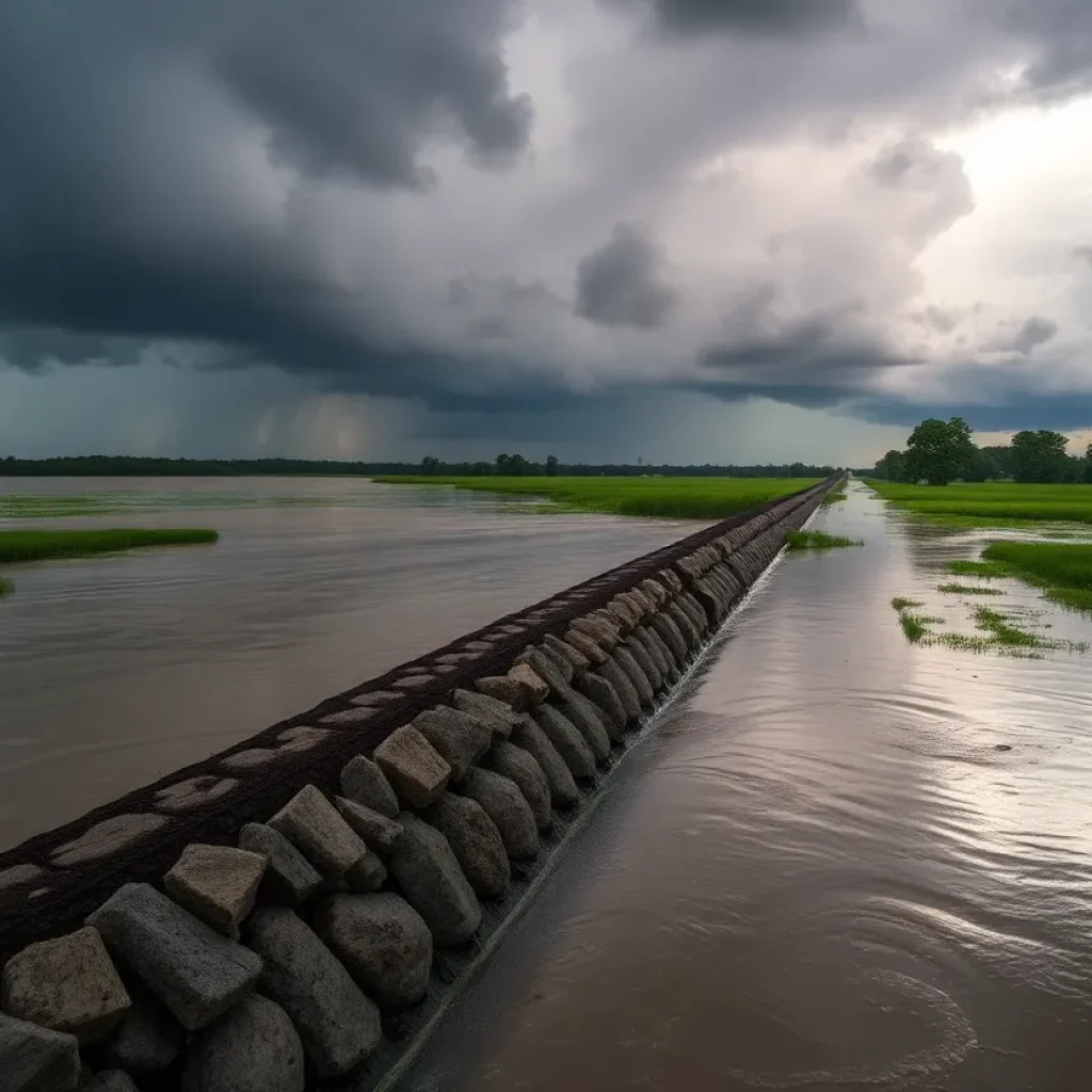 A storm over levees in Southeast Louisiana with dark clouds.