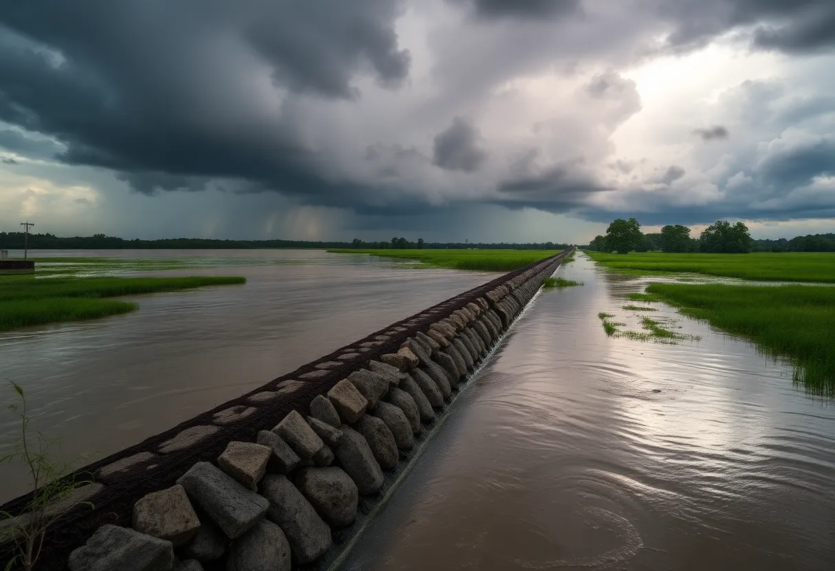 A storm over levees in Southeast Louisiana with dark clouds.