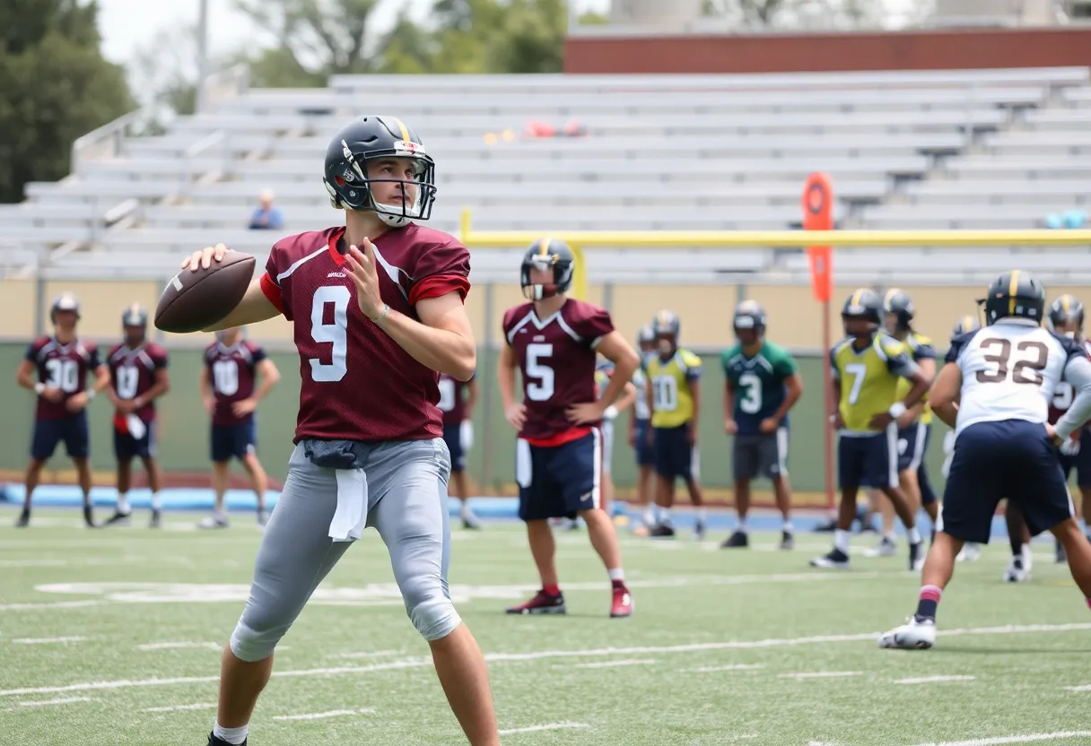Quarterback training with New Orleans Saints in practice session