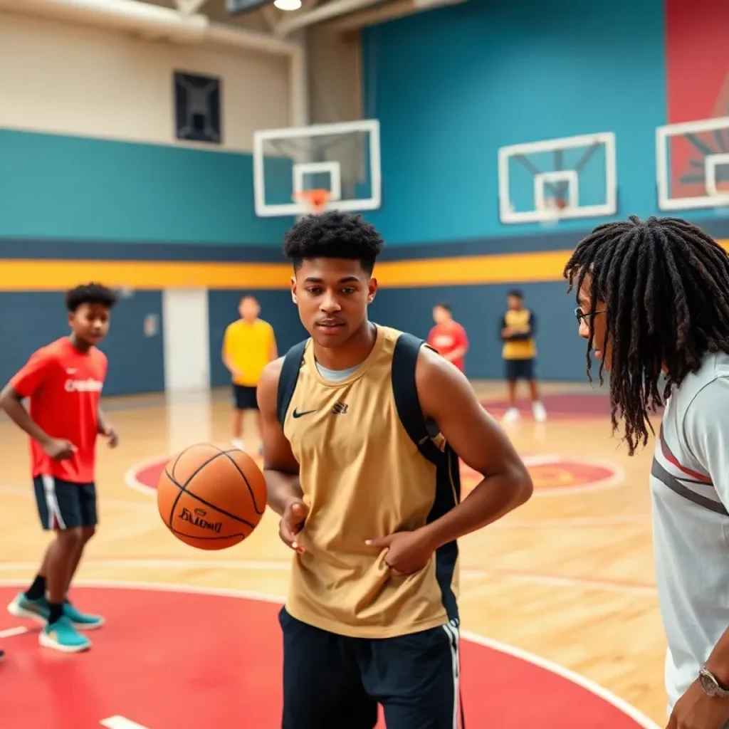 UNO basketball team members training together on the court.