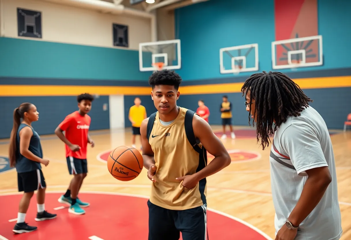 UNO basketball team members training together on the court.