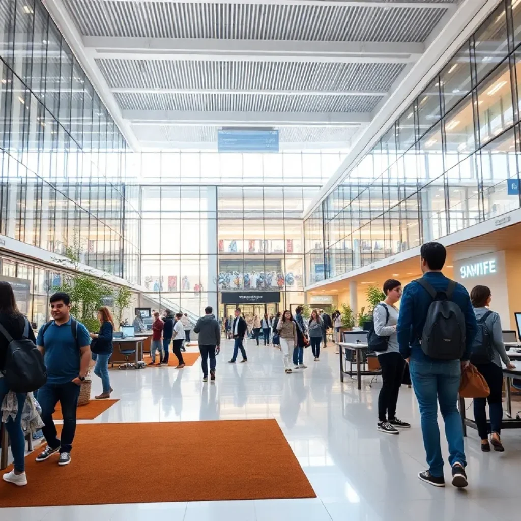 Modern campus of the University of New Orleans with students engaged in activities
