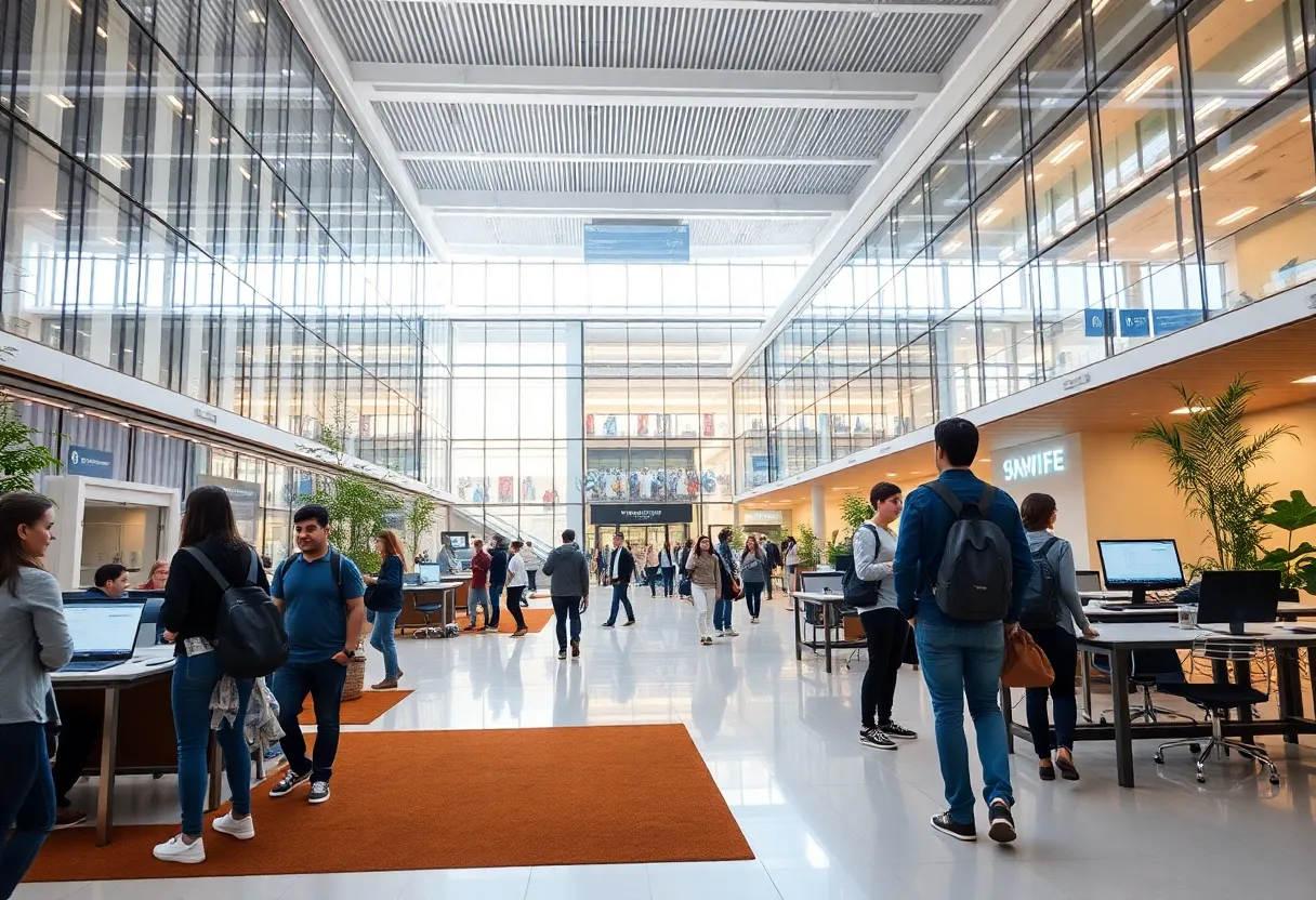 Modern campus of the University of New Orleans with students engaged in activities