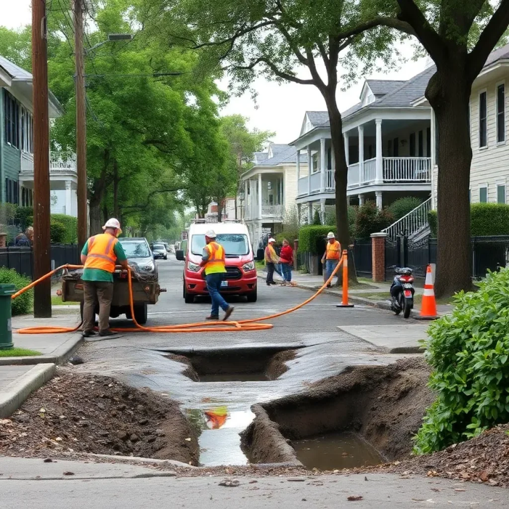 Repair crews addressing a water main break in Uptown New Orleans
