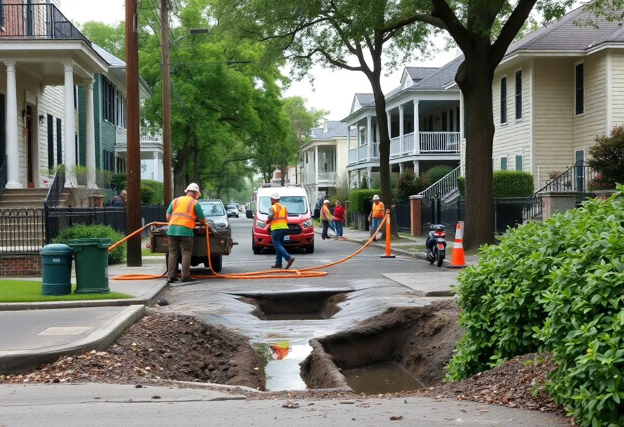 Repair crews addressing a water main break in Uptown New Orleans