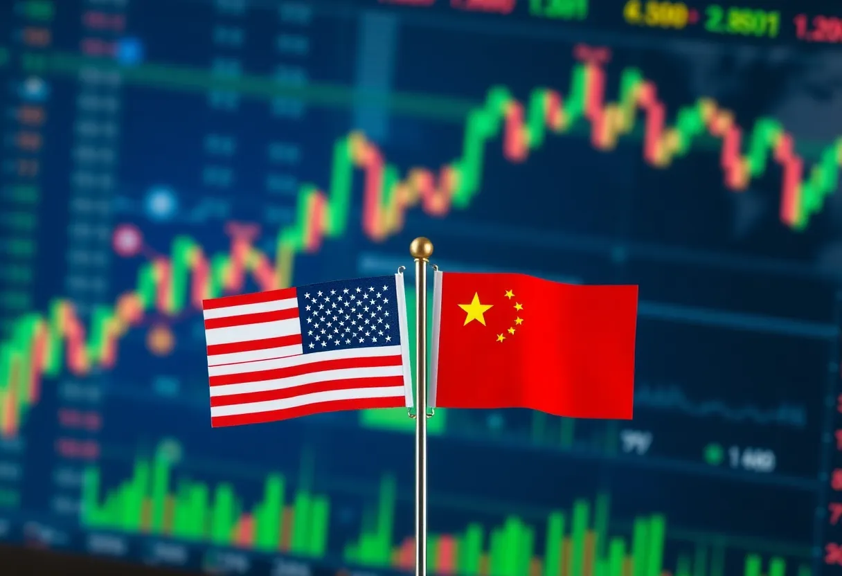 Symbolic representation of U.S.-China trade negotiations with financial growth imagery.