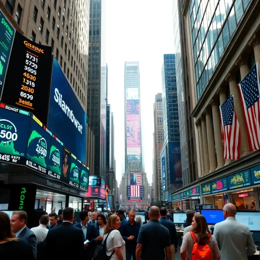 A vibrant Wall Street trading floor buzzing with activity and positive market trends.