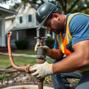 A maintenance worker repairing a water valve in a New Orleans neighborhood