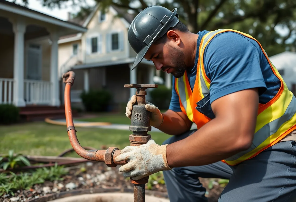 A maintenance worker repairing a water valve in a New Orleans neighborhood