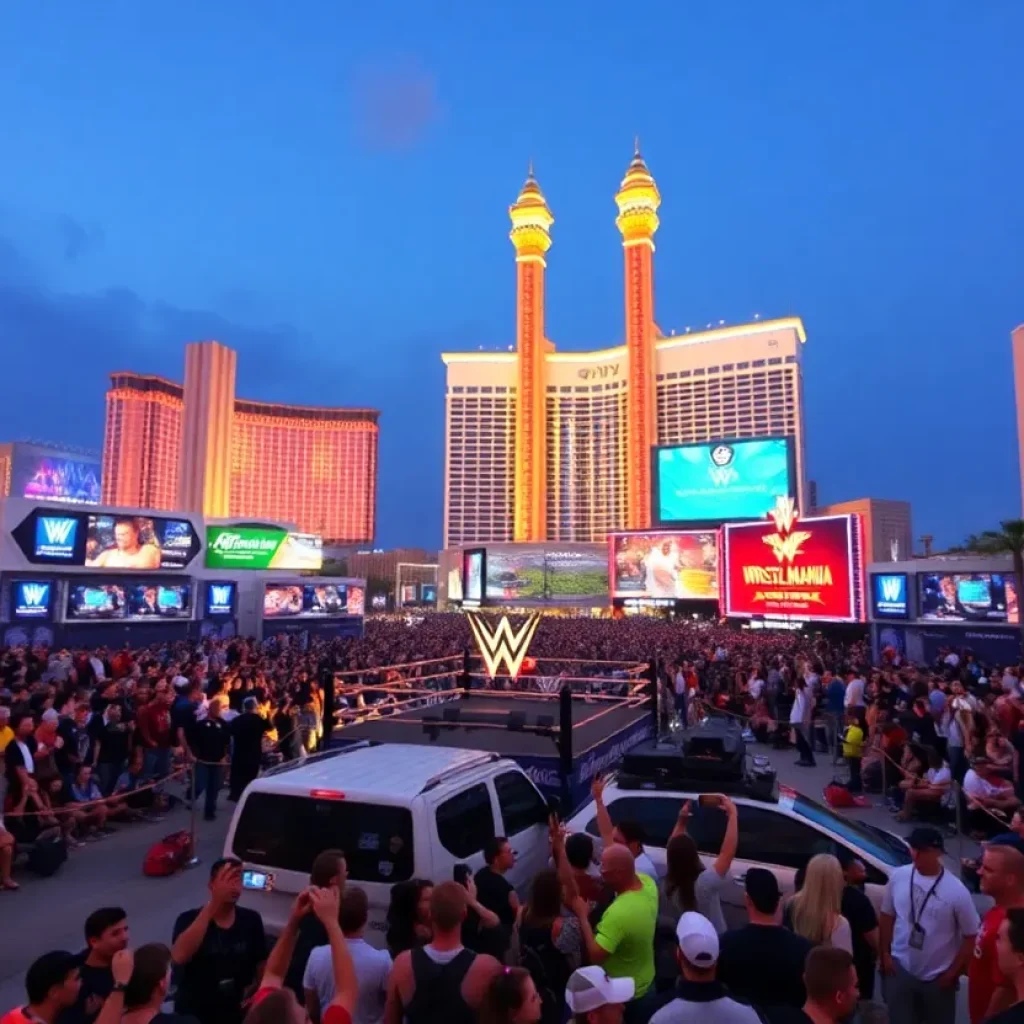 A bustling WrestleMania event in Las Vegas with fans and wrestling rings