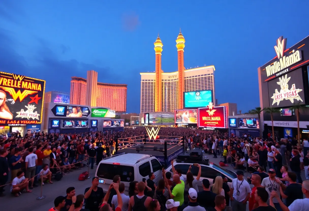 A bustling WrestleMania event in Las Vegas with fans and wrestling rings